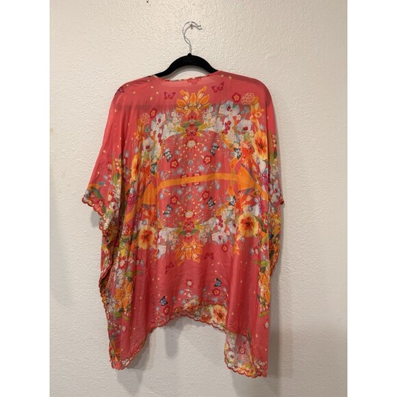 Johnny Was Silk Kaftan Poncho Kimono Blouse One Size Pink Floral Butterfly Boho* - Picture 3 of 5